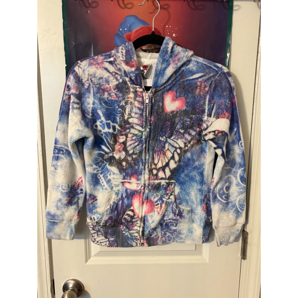 Knitworks Women Blue Butterfly Heart Fleece Zip Up Hoodie Y2K Graphic XL